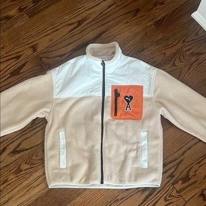 Cream and White Fleece Jacket with Orange Pocket